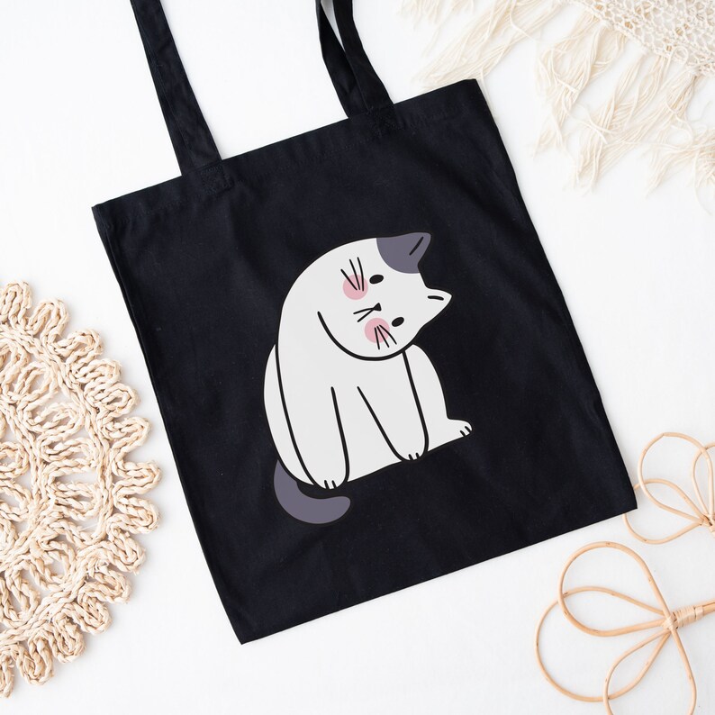 Cute Cat Canvas Tote Bag, Shopping Tote Bag, Black tote bag, Cotton bag, Shopping Bag, Canvas Tote, Tote gift bag, Black gift bag image 2