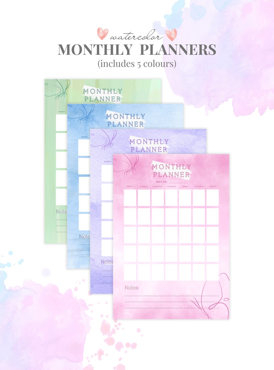 Watercolor Monthly Planner: Printable PDF 4 Color Variations A4, A5 ...