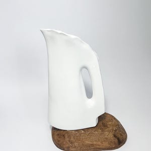 Vintage White Porcelain Pitcher Mid-Century Modern Integral Handle Handmade