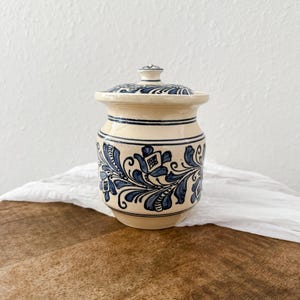 Vintage blue and white Romanian pottery. Sugar storage holder Korond Korund ceramic Romanian pottery handmade art. Signed on bottom.