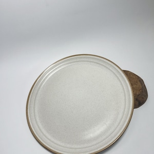 May include: A white ceramic dinner plate with a brown rim. The plate has a speckled texture.