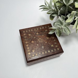 Vintage Hand Carved Wooden Box with Brass Inlay Flowers Jewelry Box / Trinket Box