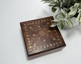 Vintage Hand Carved Wooden Box with Brass Inlay Flowers Jewelry Box / Trinket Box