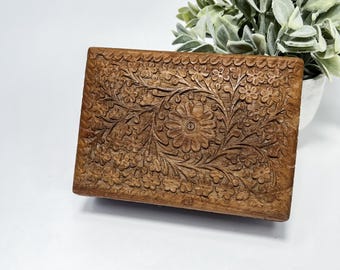 Vintage Hand Carved Wooden Box Flowers Jewelry Box / Trinket Box