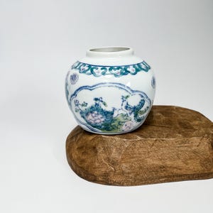 Vintage Chinese Ginger Jar Vase - Green, Blue & Pink Floral with Bird Design