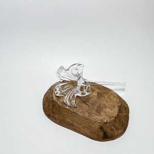 Puede incluir: Una escultura de flor de vidrio transparente con un diseño delicado e intrincado, que descansa sobre una base de madera.