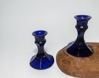 Vintage MCM Cobalt Blue Glass Candlestick Holders set of two