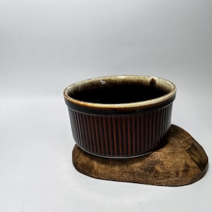 Vintage Brown Drip Glaze Stoneware Ribbed Souffle Casserole Dish
