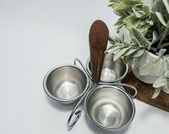 Mid Century Modern MCM Condiment Server Caddy Wood Handle Stainless Steel 3 Bowl