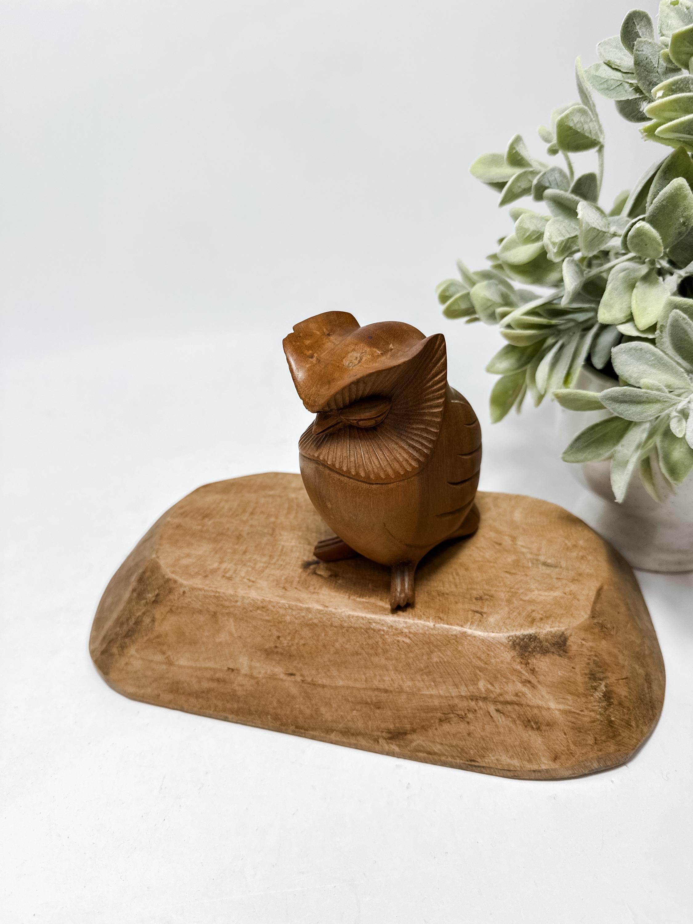 Vintage Hand Carved Wood Owl Figurine Mid Century Modern Decorative Accent
