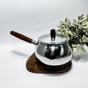 Vintage MCM Mid Century Modern Stainless Steel Soup Sauce Pan & Lid Stainless With Wood Handle