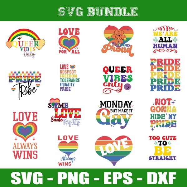 Lot de 15 LGBT SVG, fichier de coupe arc-en-ciel lgbt, fichier cricut svg citations lgbt, fichier de coupe, png, svg Festival Gay, fichiers SVG Gay Pride, svg lesbien