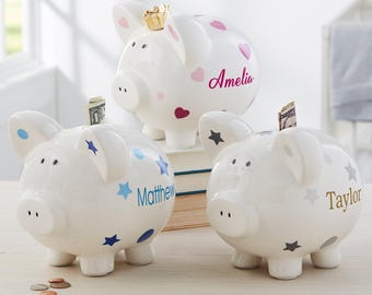 Personalized Ceramic Piggy Bank, Blue Dots Stars, Baby Shower Birthday Gift