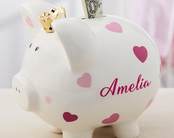 Personalized Baby Girl Ceramic Piggy Bank, Pink Heart Nursery Decor