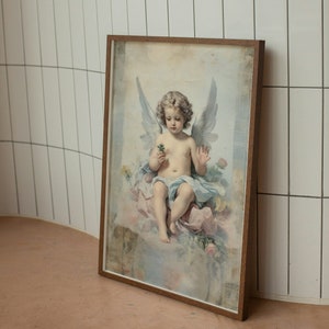 Vintage Angel Antique Wall Art Print, Baby Angel Watercolor Religious Abstract Art,Guardian Angel Number Spiritual Fantasy Wall Art Decor