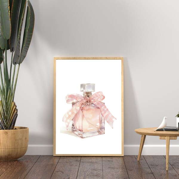 Coquette Pink Bow Perfume Bottle Wall Art Print,Girly Aesthetic Apartment Decor,Pink Watercolor Fashion Feminine Beauty Poster,DIGITAL FILE