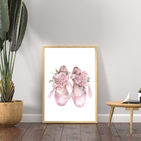 Coquette Pink Ballet Shoes Bow Wall Art,Vintage Ballerina Shoes Girly Art Print,Pink Ribbon Balletcore Preppy Dorm Room Decor,DIGITAL FILE