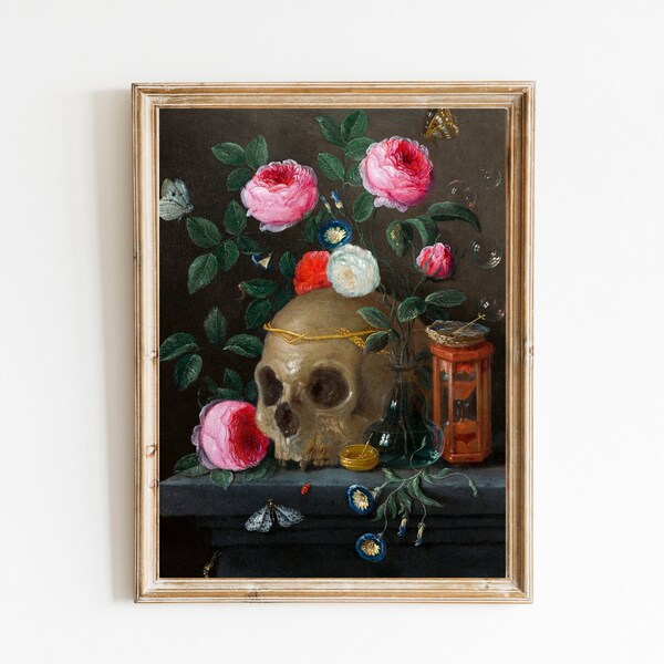 Vanitas Still Life by Jan van Kessel, Vintage Gothic Art Print,Halloween Decor, Antique Skull Painting,Dark Floral Wall Art,Skull and Roses