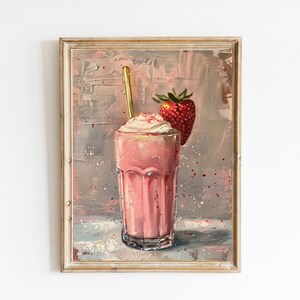 Strawberry milkshake smoothie painting wall art print,Vintage dessert art poster,Large maximalist kitchen decor,Pop food art,Bar wall art