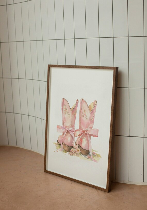 Coastal Pink Bow Floral Cowgirl Boots Wall Art,Coquette Country Western Aesthetic Boho Girly Poster,Watercolor Retro Art Print,DIGITAL FILE
