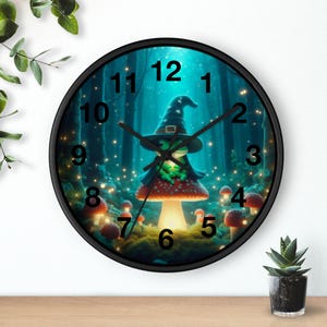 Whimsical Witch Frog Wall Clock – Magical Forest Toad on Mushroom with Hat – Cottagecore Fairycore Nature Decor for Witchy Homes, hime gift
