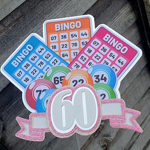 Bingo - Temática de Bingo - Decoración para tarta - Adorno para tarta con personajes en capas de purpurina - Nombre y edad personalizados