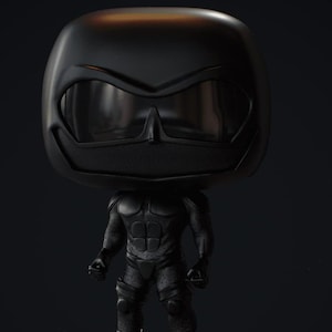 May include: Black and white figurine of a superhero wearing a black mask and suit. The figurine is standing on a black base with the words "THE BOYS" in red letters.