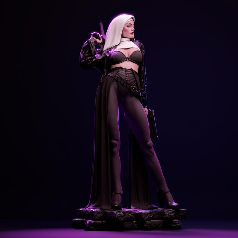 May include: A woman dressed as a nun with a white habit and black leather jacket, holding a gun in each hand, standing on a rocky base against a dark purple background.