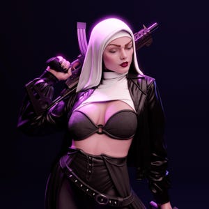 May include: A woman wearing a white nun's habit and a black leather jacket holds a rifle over her shoulder. She is wearing a black bra and a black skirt with a studded belt.