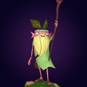 May include: A cartoon character with a long white beard, green clothing, and leaf-shaped ears holds a wooden staff with pink berries on top. The character is standing on a green platform with brown rocks.
