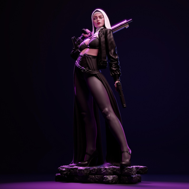 May include: A woman dressed as a nun with a white habit and black leather jacket, holding a shotgun and a handgun. She is standing on a rocky base with a dark purple background.