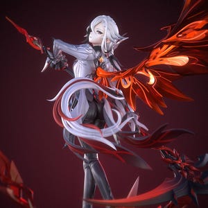 May include: A white-haired anime character with a red and black weapon and wings. The character is wearing a white and black outfit and has a serious expression.