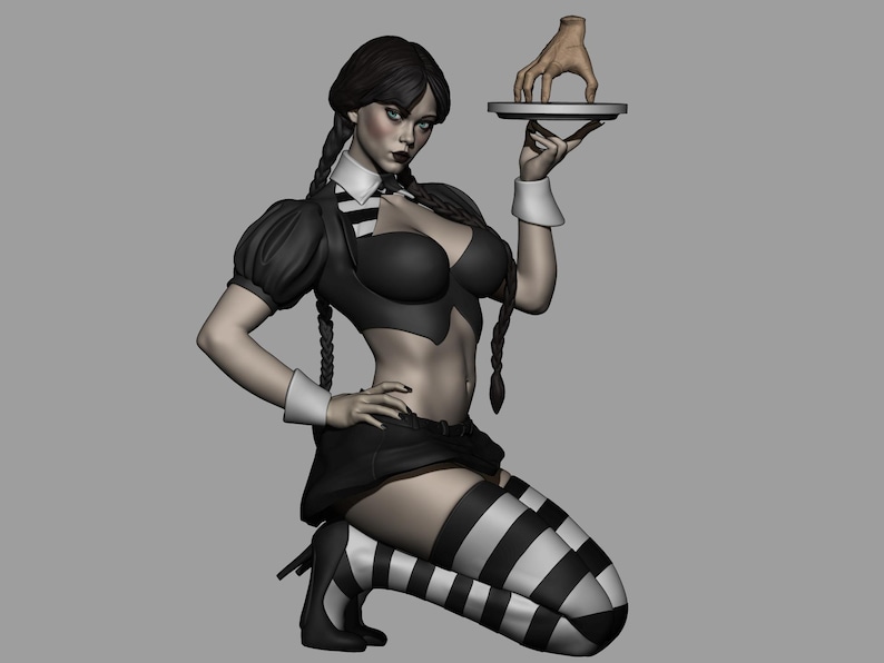 May include: A woman in a black and white dress and stockings holds a tray with a hand on it. The woman is kneeling and looking at the camera.
