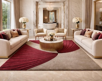 Tappeto di lana astratto - Tappeto di design moderno bordeaux e beige, fatto a mano