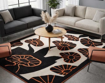 Hand-Tufted Wool Area Rug, Black Beige Terracotta, Abstract Modern Design