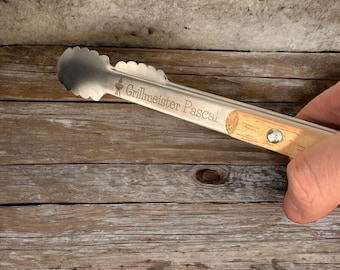 Personalisierte Grillzange mit Holzgriff und Wunschgravur 31cm