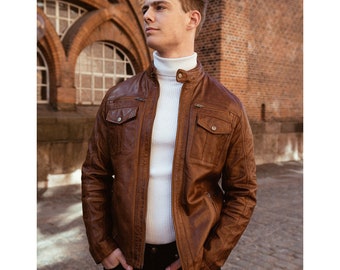 BLOOM Brown leather biker Jacket for men, Mens Vintage Leather Jacket - Gift for him, Gift for dad, Gift for Boyfriend, Gift for Husband