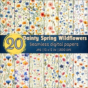 Dainty Spring Wildflower Patterns, Seamless Floral Digital Papers, Watercolor Floral Designs, Spring Backgrounds, Rustic Spring Wallpapers