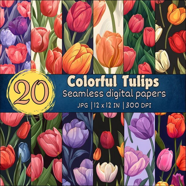 Tulips Seamless patterns, Colorful Tulips Repeating Pattern, Seamless Spring Flowers, Tulip Flowers Design, Tulips Digital Papers