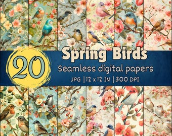 Frühling Vogel Florale nahtlose Muster, süße Vögel digitale Papiere, weiche Natur-Designs, romantische Vogel-Hintergründe, Blüten-Themen-Hintergründe
