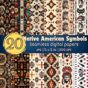Symboles amérindiens, motifs sans couture, papiers numériques tribaux, arrière-plan bohème du sud-ouest, esthétique ethnique, modèles de scrapbooking culturel