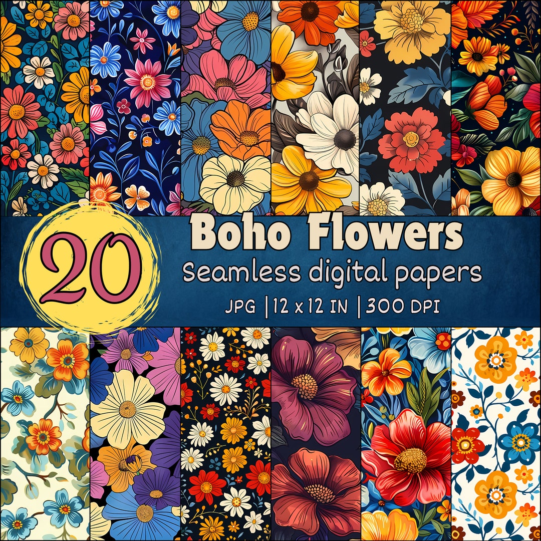 Boho Flowers Seamless Pattern, Retro Floral Digital Papers, Boho Floral ...