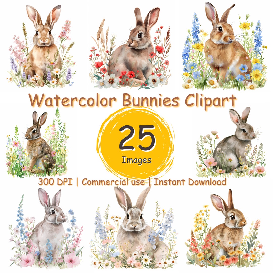 Cute Floral Bunny Clipart, Watercolor Rabbit Clipart PNG, Printable ...