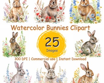 Cute Floral Bunny Clipart, Watercolor Rabbit Clipart PNG, Printable Watercolor Clipart, Spring Flowers, Wildflower Bunnies, Commercial use