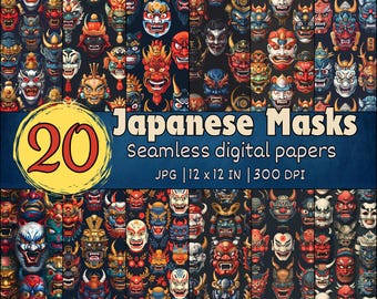 May include: A set of 20 digital papers featuring colorful Japanese masks with intricate details. The papers are seamless and perfect for crafting, scrapbooking, and digital design projects. Each paper is 12 inches by 12 inches and 300 DPI.