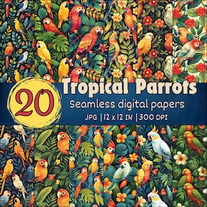 May include: A set of 20 digital papers featuring tropical parrots, lush foliage, and vibrant flowers. The papers are seamless and perfect for crafting projects, scrapbooking, and digital design.  JPG | 12 x 12 IN | 300 DPI