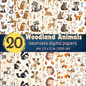 Modello senza cuciture con simpatici animali del bosco, carta digitale con animali della foresta kawaii, disegni digitali di animali selvatici, sfondo con animali