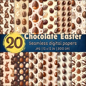 Puede incluir: 20 papeles digitales con patrones sin costuras de huevos de Pascua de chocolate en varios diseños. Los patrones incluyen huevos de chocolate con rayas blancas, huevos de chocolate con lunares blancos y huevos de chocolate con remolinos blancos. El fondo es de color beige claro.