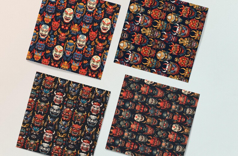 Traditional Japanese Mask Seamless Patterns, Japanese Digital Papers ...