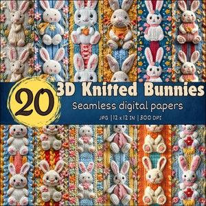 Modèle sans couture de lapin de Pâques tricoté 3D, 20 motifs répétitifs de Pâques, JPG en papier numérique de lapin, papier d'emballage de Pâques, lapin de Pâques floral